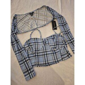 Just Polly Plaid Cropped Tank Top & Long-Sleeve Bolero Set Blue/White Ribbed Fab